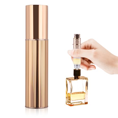 Tikplus Perfume Atomiser 5ml Mini Perfume Spray Bottles, Portable and Refillable Travel Atomiser Spray, Leak Proof Empty Perfume Dispenser for Women and Men (Gold)