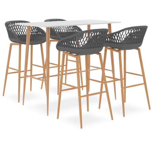 Qnhdfrt Juego de bar de 5 piezas blanco y gris, mesa de bar con 4 taburetes de bar, diseño moderno con patas de metal imitación madera, 120 x 60 x 105 cm, para cocina, bar, restaurante y jardín