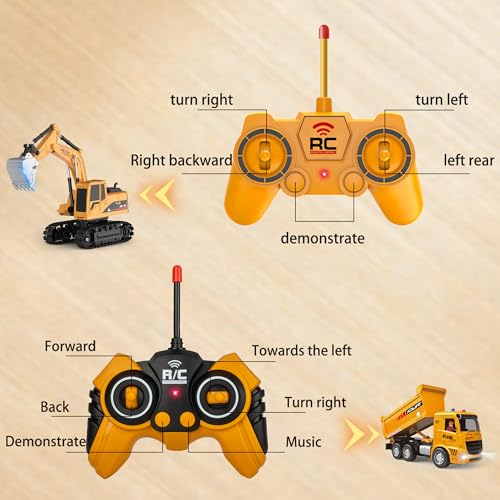 Remote Control Excavator and Dump Truck Toy Set - RC Construction Vehicles Toy with Barricades, Road Signs, Simulated Rocks, Lights and Sounds, Birthday Gifts for Toddlers 3-12 year Boys Girls