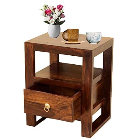 Earlywood Teak Wooden Bedside Nightstand Lamp Holder/End Table with Drawer & Shelf Storage for Living Room,Bedroom,Brown (35D x 45W x 50H Cm)-image-22