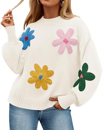 ZESICA Women's Long Puff Sleeve Sweaters Casual Crewneck Ribbed Knit Flower Color Block Loose Pullover Tops