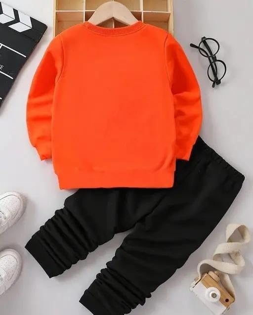 Image of Kid Boy's Orange Fashion 76 Printed Full Sleeves Top With Pants Set