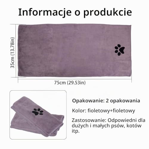 RUCUDIM Ręcznik dla Psa i Kota, 2 Sztuki, Bardzo Chłonny, 75 x 35 cm, Szybkoschnący, z Mikrofibry, Odpowiedni dla Zwierząt Domowych (Fioletowy)