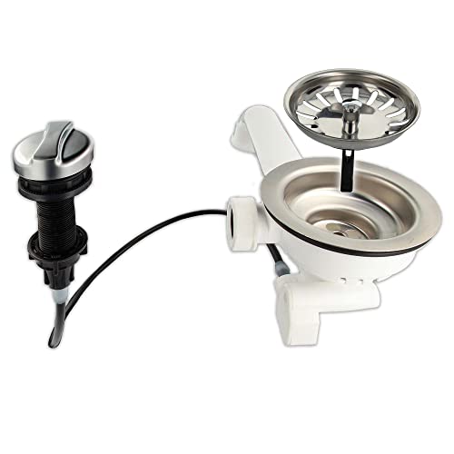 tecuro Bonde pour évier avec tamis 3 1/2'' - diamètre 114 mm - avec câble et commande rotative, Acier inoxydable
