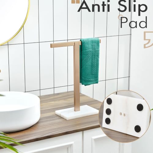 Image of KOKOSIRI Hand Towel Holder Stand Towel Rack with Marble Base for Bathroom Kitchen Vanity Countertop, Champagne Bronze Stainless Steel 15.7'' Height THS0002-SM-CPG