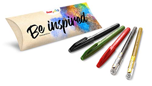 Pentel Arts - Pack de 5 rotuladores de punta redonda (negro/rojo/verde oliva, 2 rollers tinta de gel metálico, color dorado y plateado