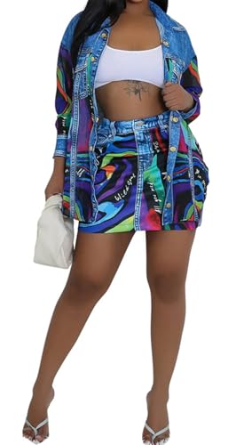 Recious Womens Sexy 2 Pieces Fake Denim Printed Blouse Shirts Tops Bodycon Skirts Party Clubwear Dress Outfits Set2