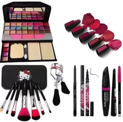 BELLAS Tya 6155 Multicolor Makeup Kit with 7 Black Makeup Brushes Set, 5 Lipsticks in 1, 1 Eyelash Curler, 3in1 Eyeliner Combo, 36H Eyeliner and 1 Kajal Pencil - (Pack of 15)