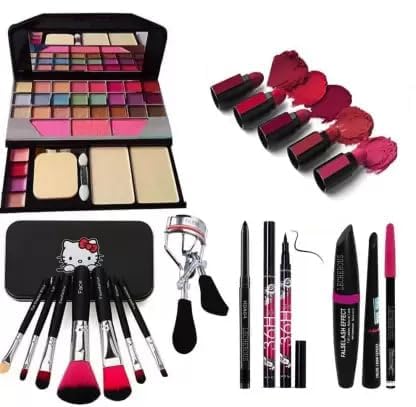 BELLAS Tya 6155 Multicolor Makeup Kit with 7 Black Makeup Brushes Set, 5 Lipsticks in 1, 1 Eyelash Curler, 3in1 Eyeliner Combo, 36H Eyeliner and 1 Kajal Pencil - (Pack of 15)