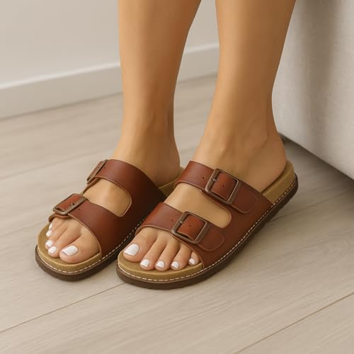 CUSHIONAIRE Plano Slip-On Sandals for Women with Arch Support, Adjustable Buckle Straps, and Stitched Outsole – Casual Flat Summer Womens Sandals4