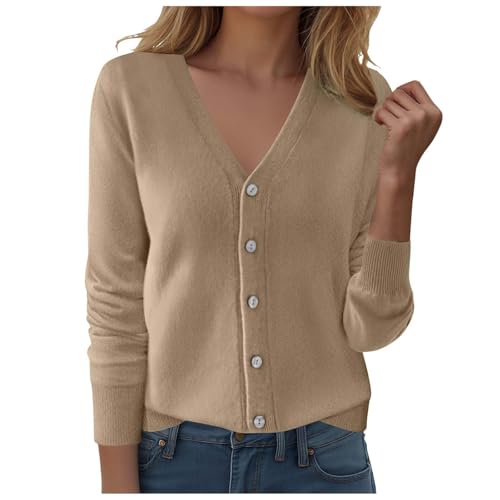 Cárdigan de Punto Mujer Chaqueta para Mujer Elegante Otoño con Cuello Escote en V y Prácticos Bolsillos Suave Cardigan Elegante Chaqueta Punto Manga Larga Cuello en V Bolsillos Botones (Brown, XL)
