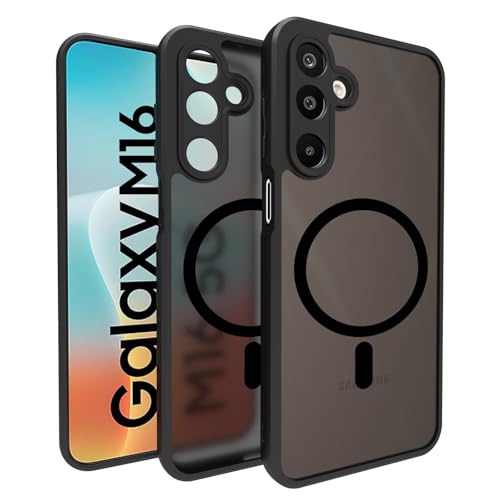 Image of RIGGEAR Shockproof Sleek Hybrid Armor Magnetic Back Cover Case Compatible with MagSafe Accessories for Samsung Galaxy M16 5G, Galaxy F16 5G (Smoke Black Matte PC + Black TPU Bumper)