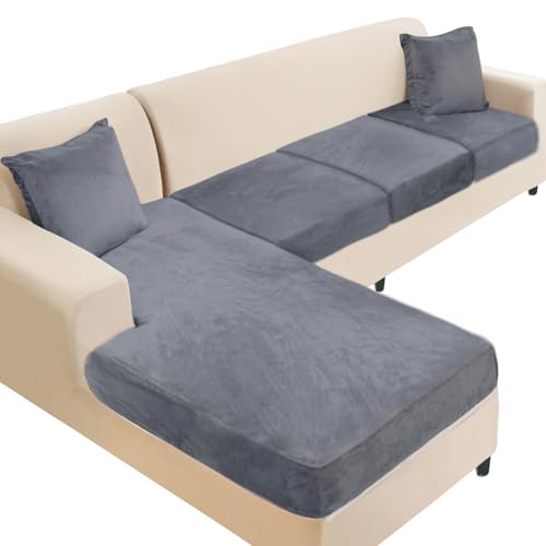 NAISI Sectional Couch Cover 4 Pieces Velvet Separate Couch Cushion Covers L Shape Soft Stretch Sofa Slipcovers with 2pcs Pillowcases for Left/Right Chaise Sectional Couch(3 Seater+1 Chaise,Dark Grey)