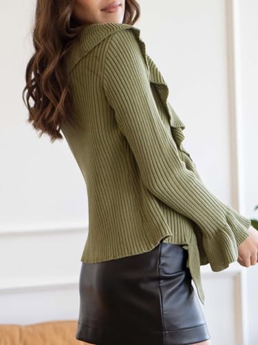 Goranbon Womens V Neck Sexy Sweaters Ruffle Long Sleeve Wrap Loose Sweater Fashion Drawstring Jumper2