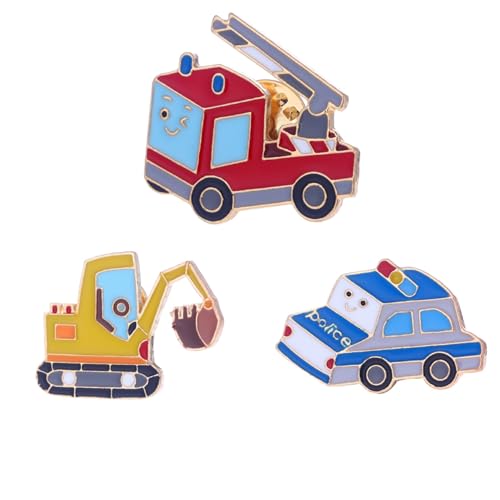 Lot de 3 broches en émail pour voiture, pelleteuse, voiture de police, camion de pompiers, broche en émail pour enfants, garçons, filles, t-shirts, sacs,...