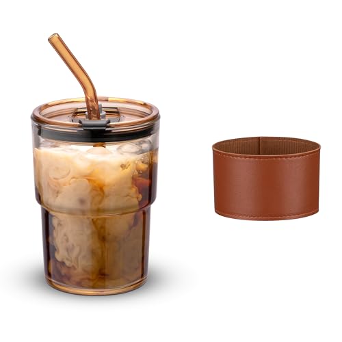 Image of BLUEPOLAR 13oz /400ml Tumbler Water Glass, Cups with Straw and Lid Sealed Carry on for Coffee, Iced Tea, Thick Wall Insulated Glass Cup (Amberwith Protect Sleeve)