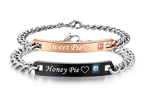 Aegean Jewelry Honey Pie Sweet Pie Bracelets Stainless Steel Matching Set Chain Bracelet for Couple, with a Gift Box (Honey Pie & Sweet Pie)