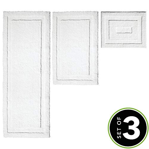 mDesign Soft Microfiber Polyester Spa Rugs for Bathroom Vanity, Tub/Shower - Water Absorbent, Machine Washable - Includes Plush Non-Slip Rectangular Accent Rug Mats in 3 Sizes - Set of 3 - Pure White