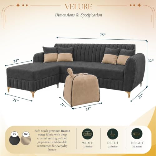 Image of CASASTYLE Signature Velour 4-Seater L-Shape Sofa Set with Movable Ottoman & Suri Pouf | Flexible LHS /RHS Layout | Boston Fabric | 40D Foam + Zigzag Spring | 3-Yr Warranty (Ash Grey, Sand Beige)