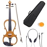 Cecilio 4/4 Full Size Electric Silent Violin, Hand-Carved Solid Maple Wood, Complete Set with Case & Ebony Fittings, Ideal for Practice, Stage & Studio Use, Yellow Maple Metallic