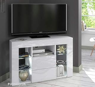 Furneo White Corner TV Stand 100cm Matt & High Gloss Venico01 White LED Lights