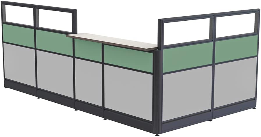 L-Shaped Glass Reception Cubicle | Reception Desk with Storage | Transaction Counter | Emerald Cubicle Collection | 6x11x52"H | White : Office Products