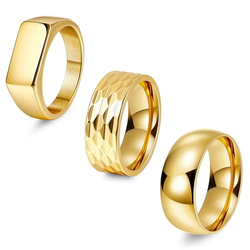 REVOLIA 3Pcs Stainless Steel Rings for Men 8MM Hammered Wedding Ring Set Square Signet Rings Pinky Silver Ring Simple Mens Band Rings Gold/Black/Silver Size 7-13