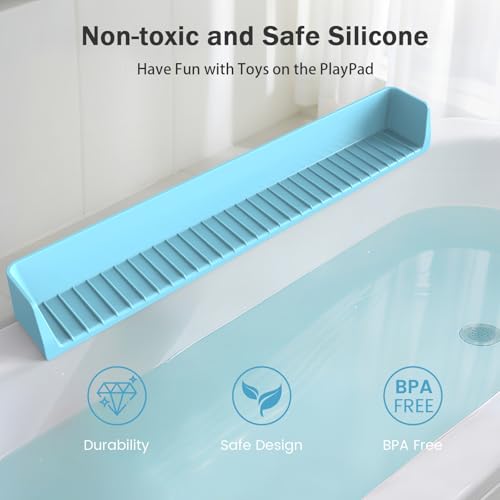 Blgiont Bathtub Splash Guard PlayPad Shelf Area with Strong Suction Cups, Toy Tray Caddy Holder Storage Over Tub, Bathtub Ledge Guard, No Mess Water, Splash Protection Water Barrier for Bathroom-Blue by Blgiont - Used condition - Image 5
