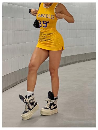 Women's Jersey Dress Number Letter Graphic Jersey Dress Y2k Crew Neck Sleeveless Bodycon Mini Tank Dresses Streetwear4