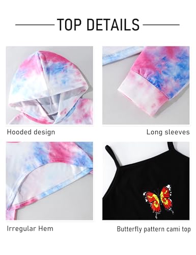 Image of Gaupafmb Girls Clothes 3PC Tie-dye with Butterfly Print Hoodie Sweatshirt Butterfly Print Cami Tops Sweatpants Girls