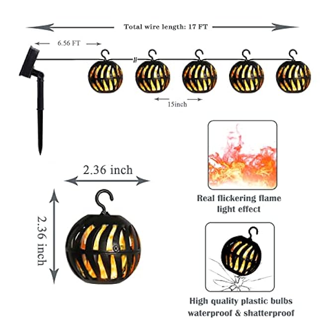 Outdoor Solar Flickering Flame String Lights - 10 Globe Waterproof Decorative Hanging Patio Lights for Garden, Backyard, Party, Halloween Decor, 17FT