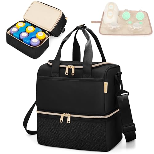 Image of Fasrom Wearable Breast Pump Bag with Cooler Compartment Compatible with Momcozy, Medela and Willow Pumps, Portable Pumping Carrying Case with Waterproof Mat, Black (Empty Bag Only)