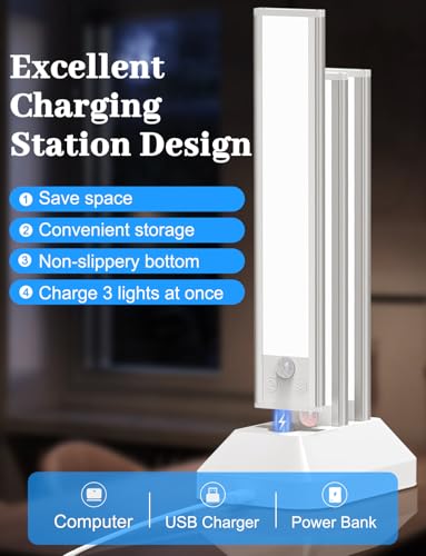 Image of 14in Under Cabinet Lighting with Charging Station, 3200mAh Rechargeable Motion Sensor Light Indoor, Magnetic Under Cabinet Lights for Kitchen, 3 Color Tempers Dimmable Closet Lights Wireless, 6-Pack