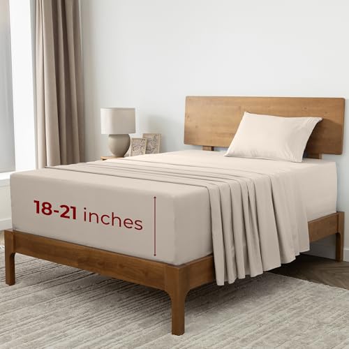 Image of Mellanni Extra Deep Twin Sheets - 3 PC Iconic Collection Bedding - Hotel Luxury, Ultra Soft, Cooling Bed Sheets - Wrinkle, Fade, Stain Resistant (Twin, Beige)