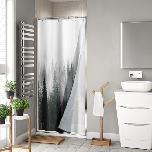 ORTIGIA 3 in 1 Half-Width Stall Waterproof Shower Curtain and Clear PEVA Liner Set 36x72 inch with 6 Double Sided Hooks Dark Green Misty Forest Tree Small Shower Curtains for Bathroom