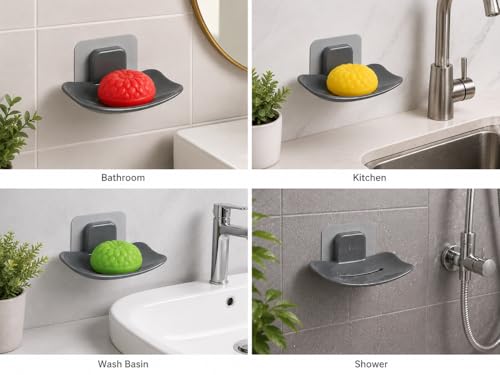 Image of Self Adhesive Soap Holder for Bathroom Wall | Plastic Soap Stand with Drain Tray | Wall Mounted Soap Dish | No Drilling Bathroom Soap Holder (Oval Gray 04)