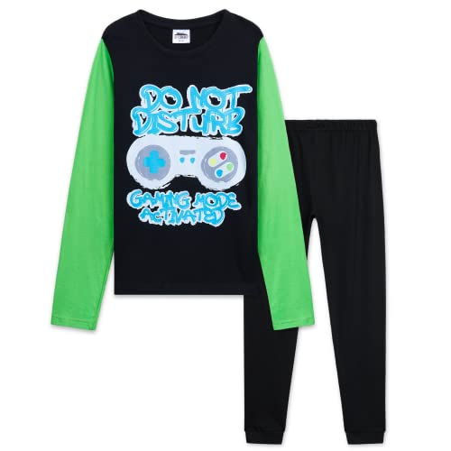 CityComfort Pijama Niño Manga Larga Invierno Pijamas Divertidos Niños Juvenil Chico Largo con Diseño Gaming Ropa de Dormir (15 Años, Negro/Verde Gaming)