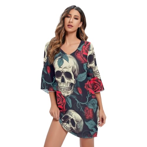 Robe de plage Skulls Red Roses en mousseline légère pour rester au frais tout l'été