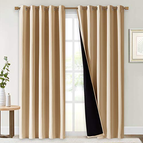 Image of NICETOWN Living Room Completely Shaded Draperies, Privacy Protection & Noise Reducing Ring Top Drapes, Black Lined Insulated Window Treatment Curtain Panels(Biscotti Beige, 2 Pieces, W70 x L84)