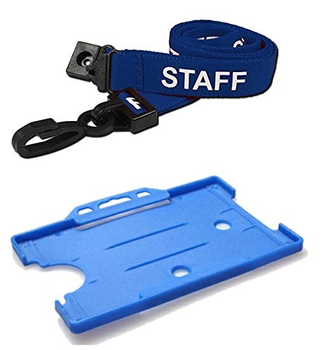 Identity-Plus: Blue Pre-Printed Staff Lanyard Neck Strap (Plastic J Clip, Safety Breakaway Point) with Blue Landscape Card Holder (10)