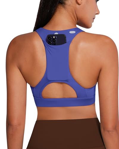 Image of QUEENIEKE BareFlow Women's Sports Bras with Phone Pocket Medium Impact Padded Racerback Workout Gym Crop Top Running Yoga Bra