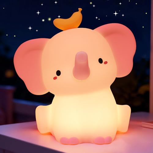 Image of OkiyiD Pink Elephant Lamp, Cute Silicone Night Light, Dimmable Animal Nursery Night Lights Bedside Touch Lamp, Elephant Gifts for Bedroom Decor