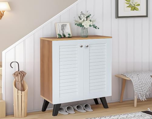 Image of 2-Door Engineered Wood Shoe Rack, 4-Tier Wooden Shoe Rack for Entryway, Shoe Storage Cabinet with Doors Adjustable Shelves, Wooden Shoes Rack Organizer (Wotan Oak-White, 4 - Tier)