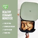 GreenLife Compact électrique Air Fryer Oven, 5.3 QT, Tiroir antiadhésif en céramique sans SPAS, 8 Affichage numérique One Touch, fenêtre de vue facile, minuterie d'arrêt automatique, pièces de sécurité pour lave-vaisselle, 1500 Watts, Sage