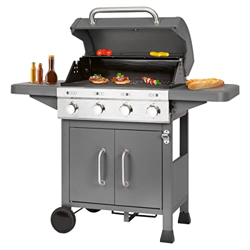 ProfiCook Gasgrill mit 4 Zonen inkl. 2 Hochleistungsbrenner (bis 450°C), Grill mit 3 gusseisernen Grillrosten und Flaschenöffner, Grillwagen m. Ablage u. Gehäuseschrank für 5kg-Gasflasche PC-GG 1257