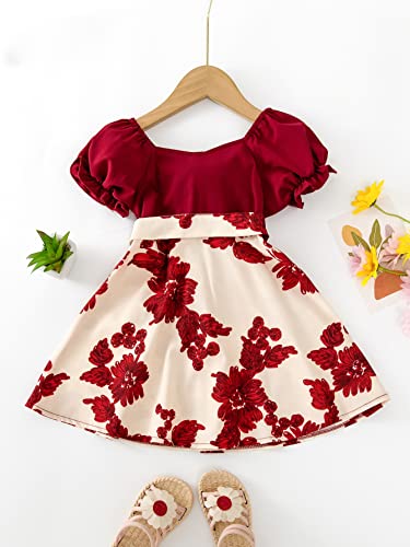 Toddler Baby Girls Flower Print Dress Bubble Sleeve Patchwork Tie Straps Sundress Birthday Party Dresses2