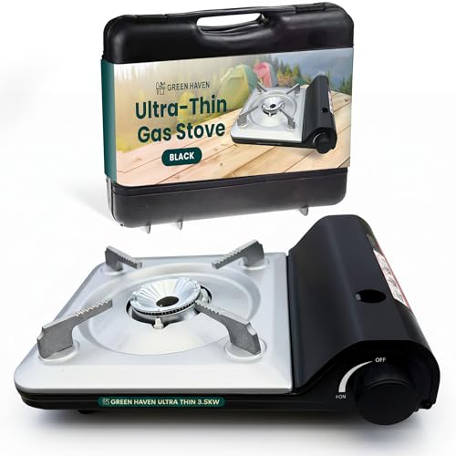 GREEN HAVEN Ultra Slim Portable Butane Gas Stove – Compact Single Burner Camping Cooker for Indoor & Outdoor Use, Lightweight Tabletop Gas Hob with Piezo Ignition, Heat Control & Carry Case