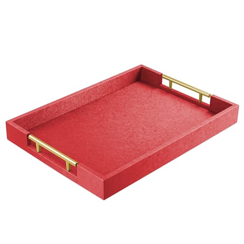 17" x 12" Wood Serving Tray with Gold Polished Metal Handles, Home Decorative Wooden Rectangle Ottoman Leather Decor Platter Bathroom Vanity Tray for All Occasions Red