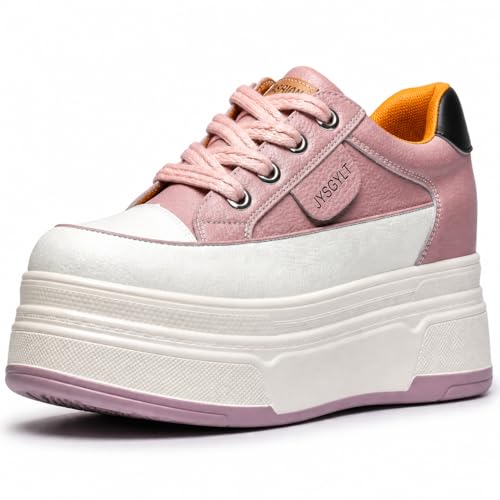 Image of Platform Sneakers For Women - (3 inch-3.5 inch )6cm Heel & 3cm Inner Lift, Comfortable Cushioned Arch Support, Non-Slip Casual Walking Shoes, Microfiber Leather Platform Shoes White Black Red Yellow