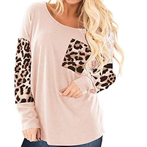 Dosoop Women Fall Leopard Print Tops Long Sleeve T Shirt Cute Sweatshirts Blouse Casual Loose Crew Neck Tunics with Pocket